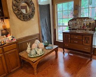 Still in the Den, Easter, antique buffet and vintage glass cake plates and stands