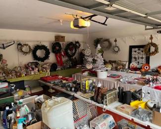 Garage, full of more seasonal and four silver and iridescent 4ft Christmas Trees. Hand tools and small power tools