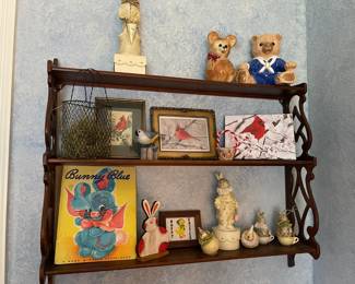Vintage hanging shelf, vintage book, Easter decorations, Cardinal art pieces