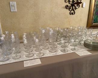 Vintage stem ware by Libby Rock Sharpe, crystal "Lynhurst" Iced Tea, Wine and Champagne. Also Mid-Century silver rim "Gold Twist" by Glastonburg-Lotus, Ice Tea, Wine/Water, Champagne and plates