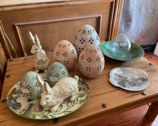 Pottery Barn pierced Easter eggs, rabbits and metal trays