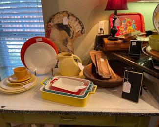 Vintage Fiesta, Crate and Barrel baking dishes, wood serving pieces, notice board, metal turkey