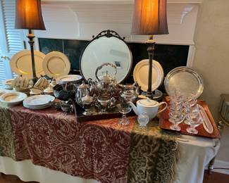 This table is in the register area and has vintage silver plate, vintage Boopie glass, Noritake china, vintage trays mirrors, and early 1900's Castleton china USA "Golden Classic" 41 pieces