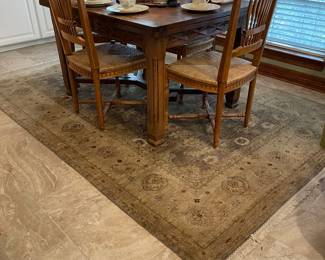 Full view of the oak table and chair, also a wonderful, Ind. Persian 6ft 1" x 9ft 2" rug, green, tan, red colors with pad