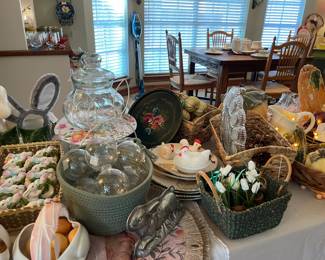 Easter dishes, place card holders, storage and cake stands