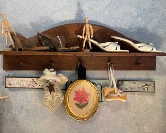 Wood shelf with pegs, sign art angels, vintage baby shoes and vintage shoes