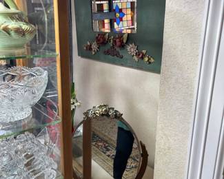 Vintage Barbola table mirror, wall hanging metal mirror with floral decorations