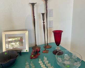 Arts & Crafts brass candlesticks, glass chess pieces, and Orefors crystal bowl