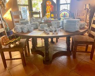 Round pine dining table and chairs