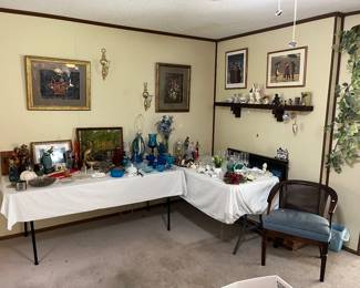 Framed pictures, beautiful glassware, home decor. Antique furniture.