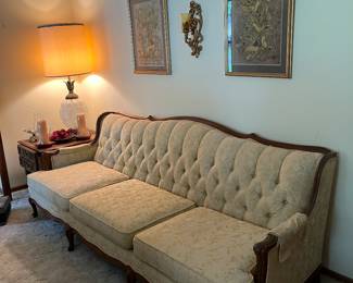 Vintage sofa, art, vintage lamp.