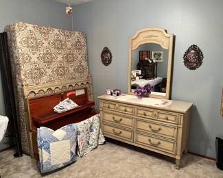 Bed with mattress, dresser with mirror
