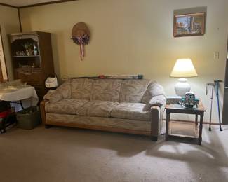 Vintage sofa, bar cabinet, end tables.