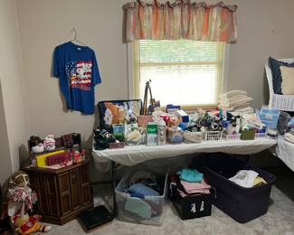 Clothing. Towels and linens. Bathroom items. Furniture.