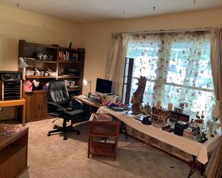 Office furniture, bookshelves, and office supplies.