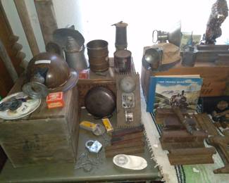 Mining caps, lamps blasting dynamite powder boxes, cap tins