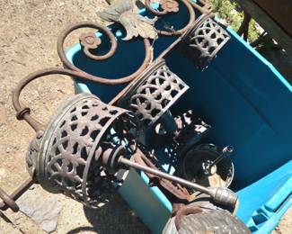 Pair large light scounes from mission in mexico
Hand forged iron and cast bronse
Needs restoration