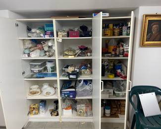 Closet full of stains, paper goods, woodworking and electrical supplies