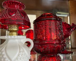 Ruby Red Fairy Light, Milk glass and Ruby Red Lantern
