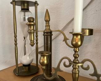 Brass candlesticks, Brass hourglass.