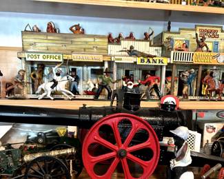 Vintage cast iron signal cannon with red wheels. Actually fires! Conestoga Company. Marx Toys Tin Litho Set.