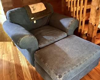 1 1/2 chair with ottoman in jeans material. Bring help to load