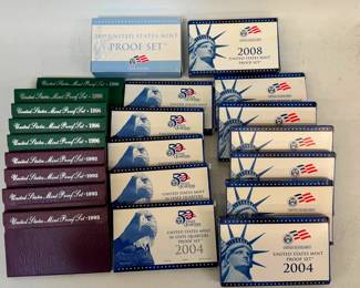 United States Proof Sets 1993, 1996, 2004, 2008, 2009 and 2004 US Mint State Quarters proof Sets