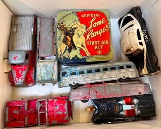 Lone Ranger First Aid Kit Tin and Cast Metal Cars