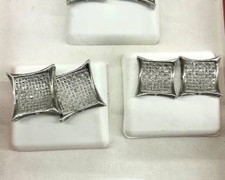 Pave Diamonds and Sterling Silver Earrings 3 Pairs