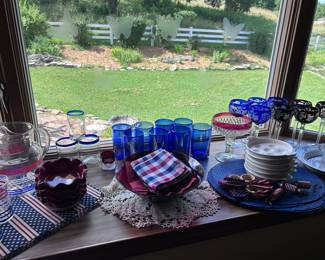 Red, white, and blue dishes and decor.