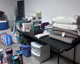 Small appliances. Holiday decor. Pillows. Basement storage items.