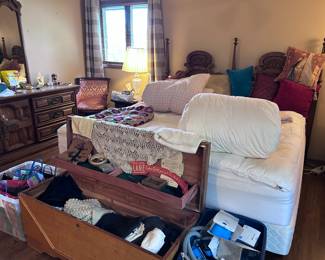King bed. Cedar chest. Bedding.