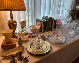 Lamps. Books. Dishes. Home decor. Crystal.