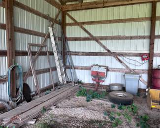 Ladder. Garage items. Lumber.