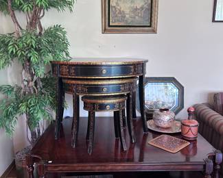 Antique nesting tables. Large coffee table. Faux plant. Home decor.