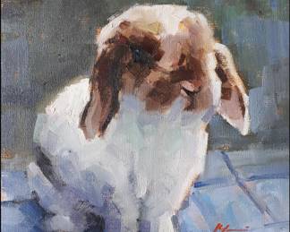 Fluffy Cottage Bunny original oil on panel 10x10" unframed