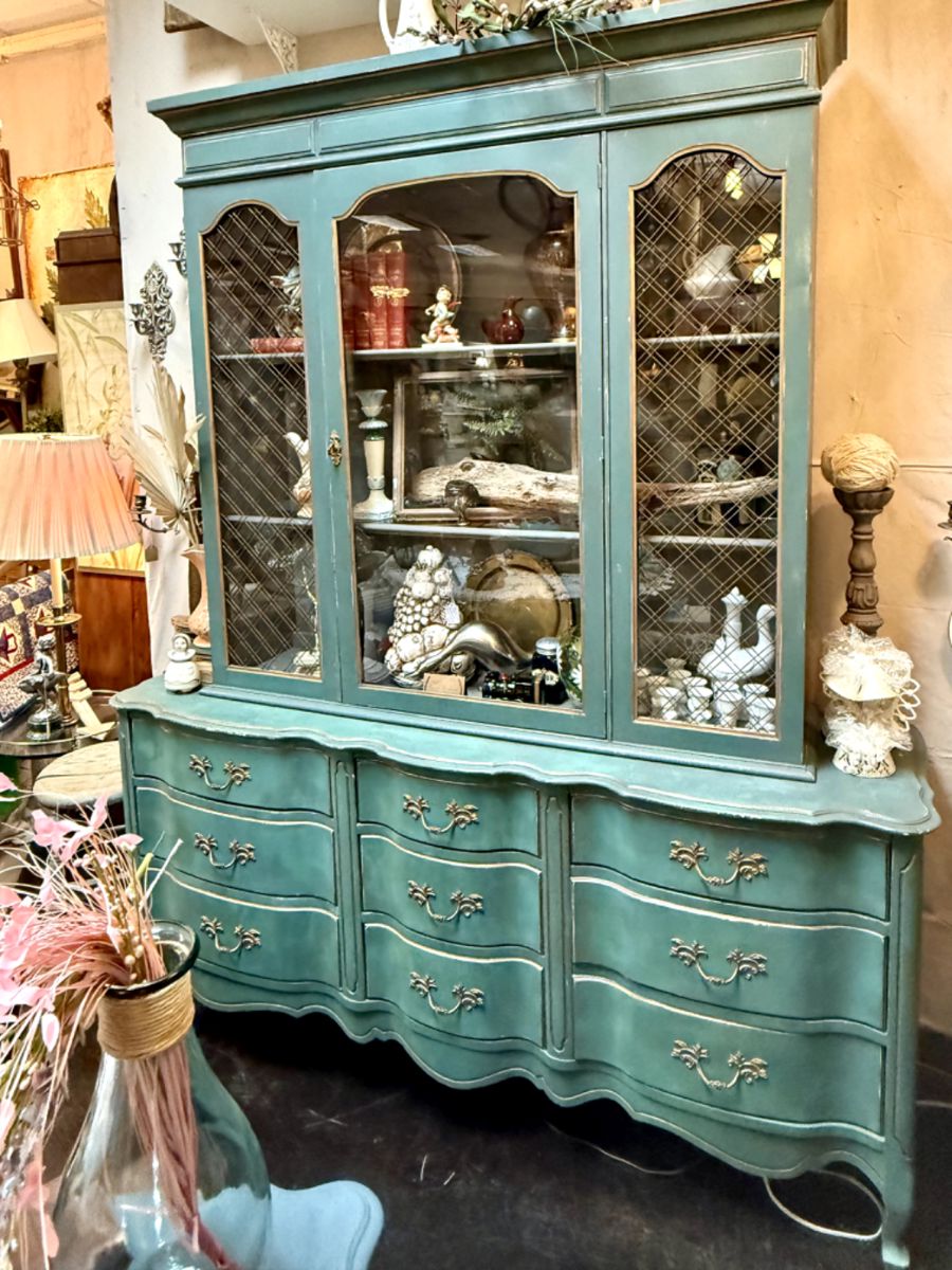 Beautiful Vintage handpainted China Cabinet with old books and fun trinkets inside.