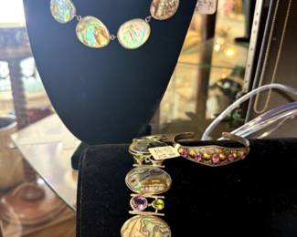 Abalone and sterling necklace and bracelet. Amethyst and sterling cuff bracelet.