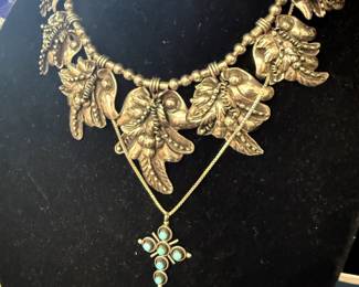 Native American made sterling necklace and turquoise and sterling cross.