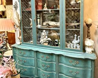 Beautiful Vintage handpainted China Cabinet with old books and fun trinkets inside.