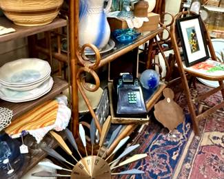 Beautiful bamboo shelving with lots of Primitives and Retro items.