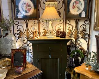 Metal 3 piece panel, pedestal cabinet, Victorian lamp and a light wood end table.