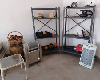 2 outside tables, 2 heaters, 2 shrub trimmers, blower with bagger, outside tools, 2 metal shelving units.