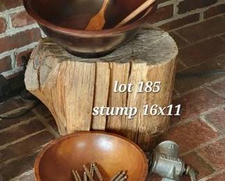 Wood bowls and nutcracker tools, stump