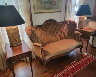 Victorian antique settee, pair of tin base Asian style lamps