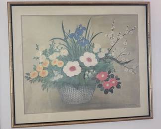 Vintage 1970s print 'Basket of Flowers' by K. Wakeshima