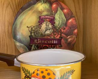 DiCamillo Bakery Biscotti Tin, 1970s Sears Merry Mushroom Saucepan