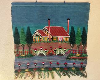 Folk Art Charming Home Scene Jute Wall Hanging