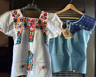 White Mexican Floral Embroidered Peasant Blouse, Blue Guatemalan Style Blouse with Geometric Embroidered Yoke – Size Large