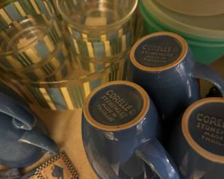 Set of 8 Corelle Stoneware Blue Coffee Mugs